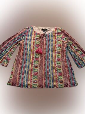 Ali Miles Embroidered Boho Tunic Top Womens Small Colorful Tassel